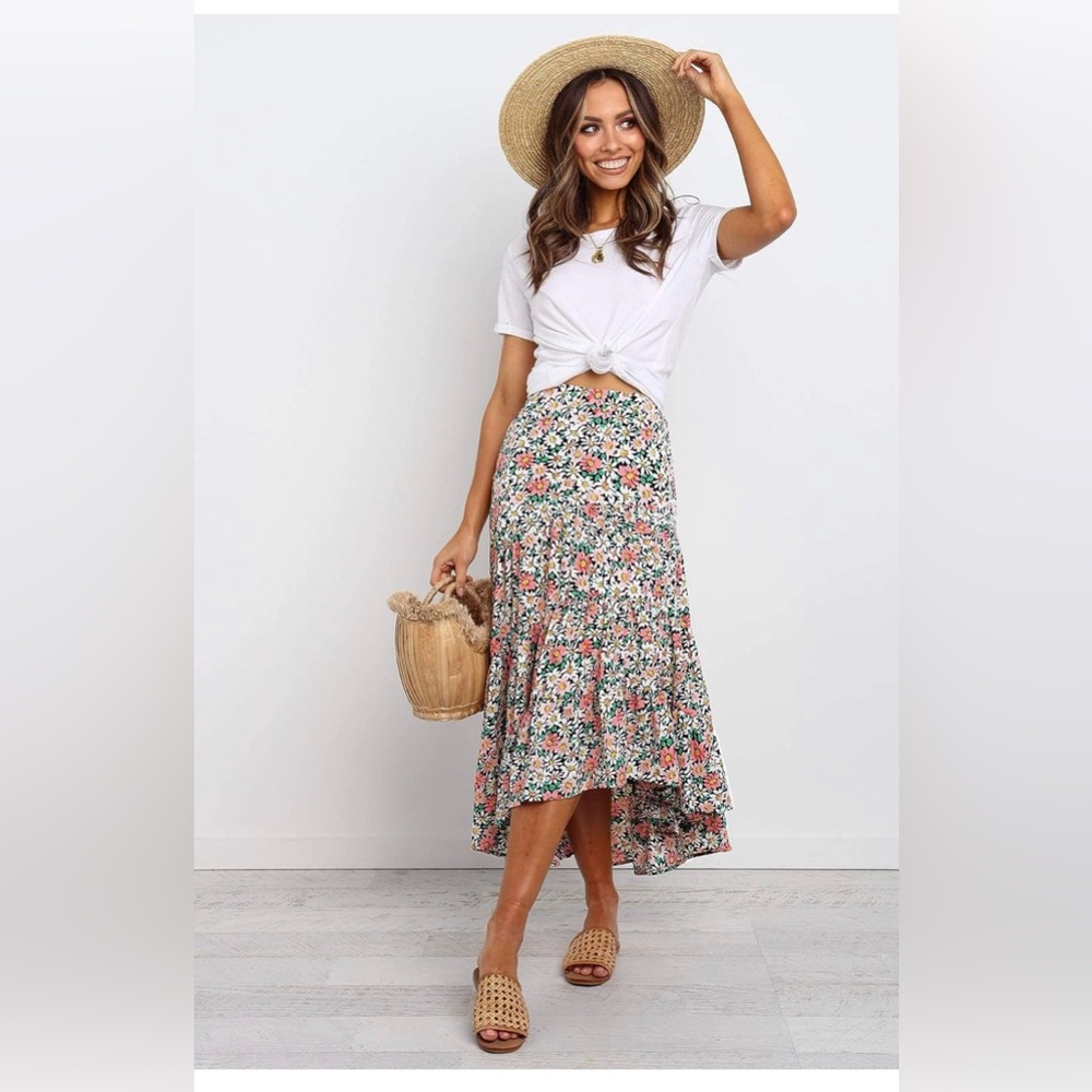 Women's Long Skirts Boho Floral Elastic High Waist Asymmetrical Hem Midi Skirt